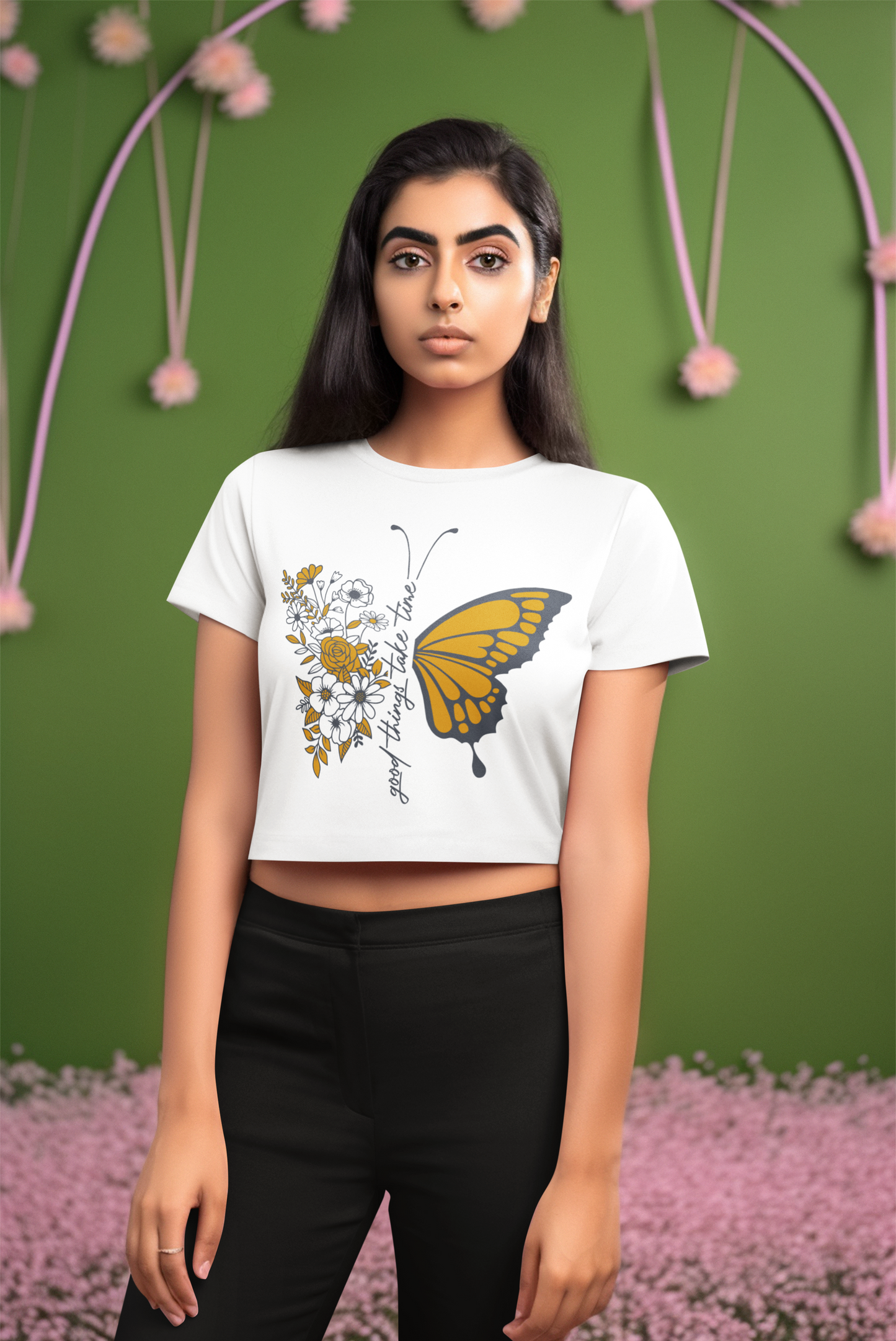 Printed T-Shirt - Crop Tops - Front - Good Things Take Time Tee Fusion