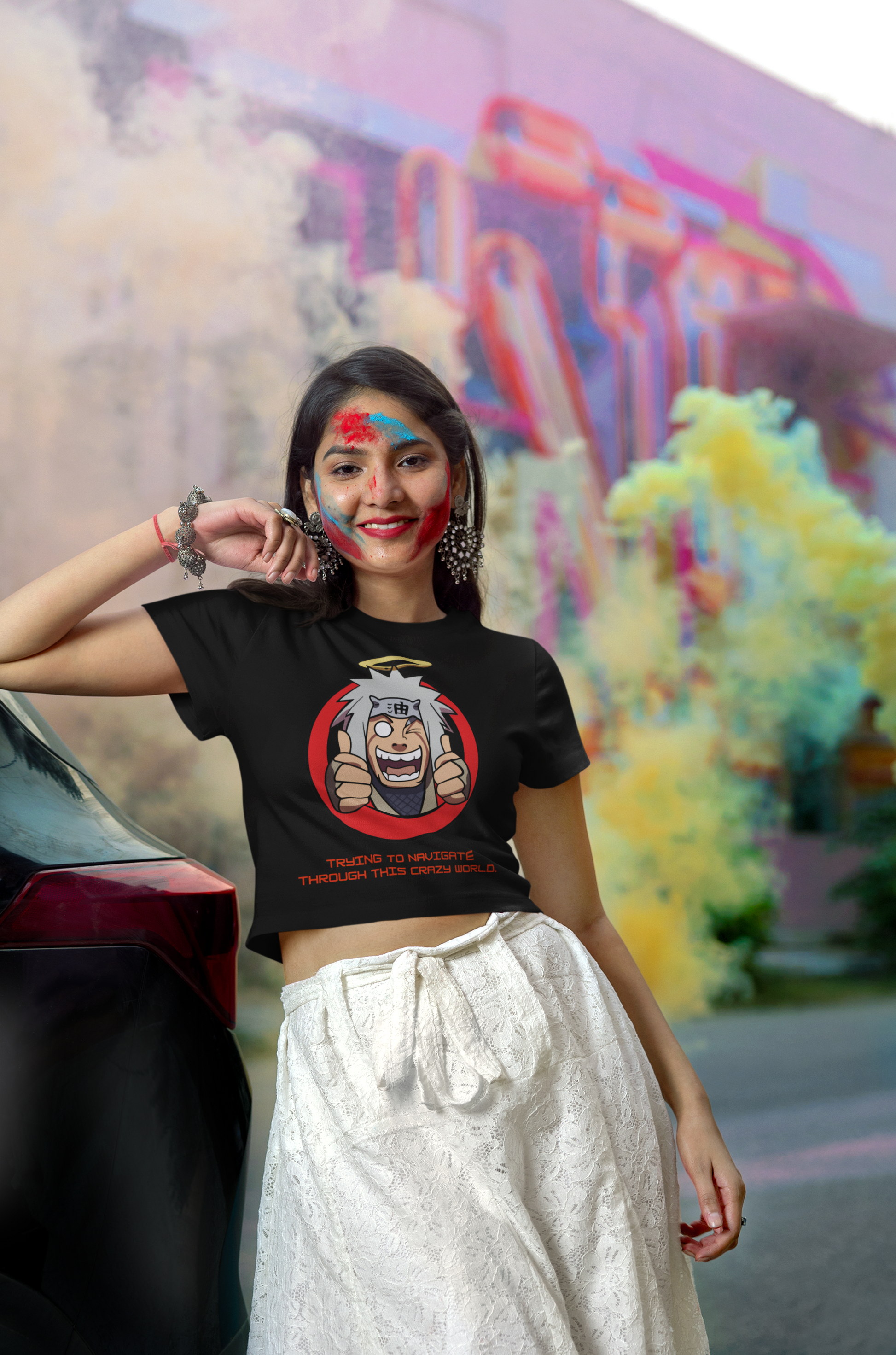 Printed T-Shirt - Crop Tops - Front - Trying to Navigating through this crazy world Tee Fusion