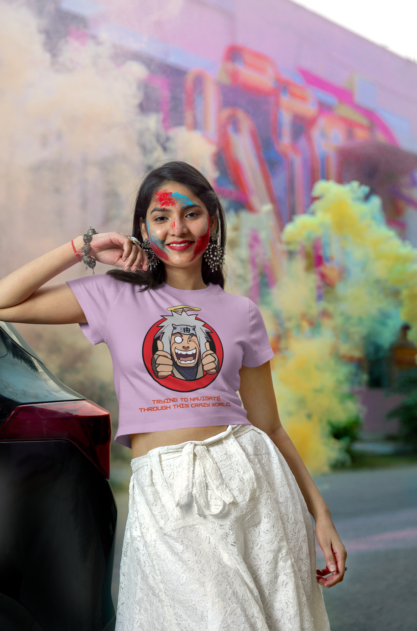 Printed T-Shirt - Crop Tops - Front - Trying to Navigating through this crazy world Tee Fusion